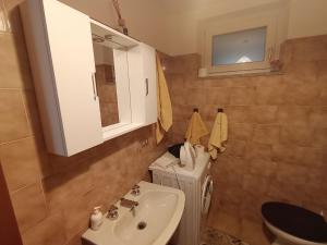 a small bathroom with a sink and a toilet at Appartamento Conti Schreck in Baselga di Pinè +10 photos