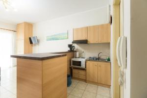 a small kitchen with wooden cabinets and a microwave at Central Cozy Apartment 3 in Sparta +10 photos