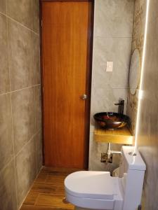 a bathroom with a toilet and a wooden door at Hotel Samana'Inn in Arequipa