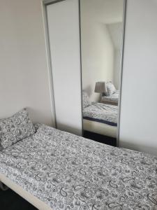 ein Schlafzimmer mit einem Bett und einem Spiegel in der Unterkunft Suite 3 in Frederikshavn