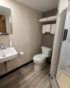 a bathroom with a toilet and a sink and a shower at Star Inn & Suites in Chicago Heights
