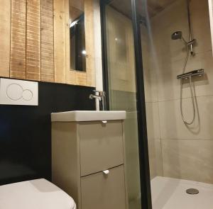 a bathroom with a shower and a toilet and a sink at La petite romantique in Martelange