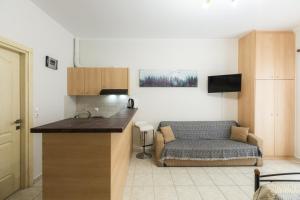 a kitchen with a couch sitting next to a kitchen counter at Central Cozy Apartment in Sparta