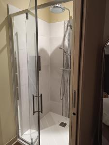 a shower with a glass door in a bathroom at La Tour Jayan in Agen +7 photos
