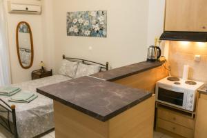a kitchen with a counter top and a bed in a room at Central Cozy Apartment 4 in Sparta
