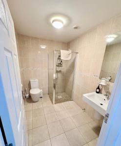 a bathroom with a shower and a toilet and a sink at The Stables B&B @ Pear Tree Cottage in Winslow +19 photos