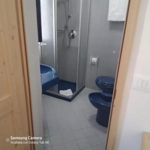 a bathroom with two blue toilets and a shower at Life Hotels Des Alpes in Folgaria +50 photos