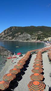 a row of umbrellas on a beach next to the water at Da Vice Rooms in Monterosso al Mare