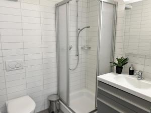 a bathroom with a shower and a toilet and a sink at Residenza Acapulco II by Fewotessin in Moscia +24 photos