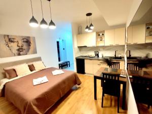 a bedroom with a bed and a table and a kitchen at Kael apartment-near Airport in Skopje