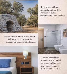 a collage of images of a hotel room with a bed and bathroom at Morello Beach Hotel in Marina di Pescoluse
