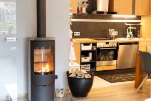 a living room with a fireplace in a kitchen at Hohenlupfenblick in Stühlingen +13 photos