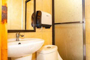 a bathroom with a sink and a toilet and a mirror at Hotel Casa Gitana Corcovado Tour operador in Drake