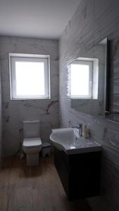 a bathroom with a sink and a toilet and two windows at Peprina Penthouse in Central Rabat in Rabat +20 photos