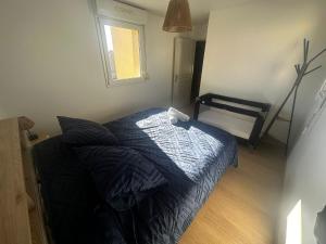 a bedroom with a black bed and a window at Maison individuelle parking privé et gratuit in Sainte-Savine +17 photos