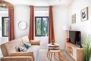 a living room with a couch and a tv at Romantic getaway with jacuzzi, Garden view in Mulhouse