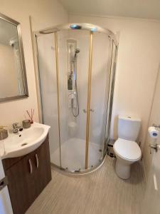 a bathroom with a shower and a toilet and a sink at 10 lochview in Moffat +19 photos