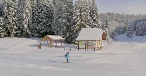 a person skiing in the snow next to a cabin at Appartement original tout confort in Condamine