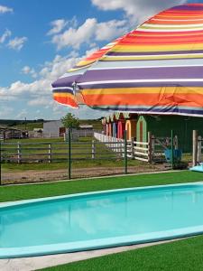 a swimming pool with a umbrella and a playground at Mini Fazenda Park in Santana do Livramento
