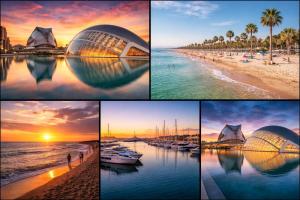 a collage of photos of a beach and a building at Bigbass Valencia Centro in Valencia