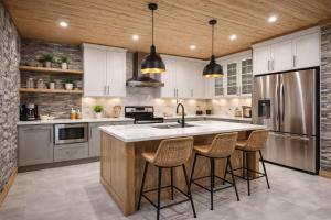 a kitchen with a large island with bar stools at Nowy York - Sauna - Jacuzzi - Najczystsze jezioro PL - SPA - STYRUŚ in Giewartów