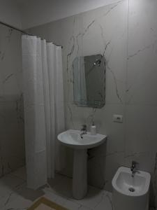 a bathroom with a sink and a mirror and a toilet at Golden Apartment 1 in Kamëz