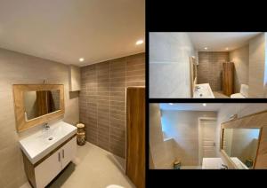 two pictures of a bathroom with a sink and a mirror at Trolltunga Fjordview House, Odda in Odda