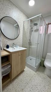 a bathroom with a shower and a sink and a mirror at Green House, by Pewma Apart Hotel in Diguillín
