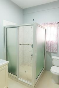 a glass shower in a bathroom with a toilet at Nook Apartments in Grenville