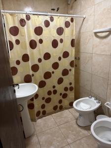 a bathroom with a shower curtain and a toilet at Edificio LUMARO in San Fernando del Valle de Catamarca