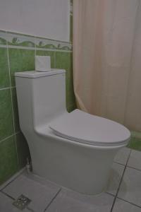 a white toilet in a bathroom with a shower at Casa Belén in Flores