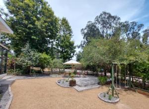 a patio with an umbrella and chairs and trees at Cabañas Alquymia in Algarrobo +8 photos