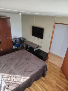 a bedroom with a bed and a flat screen tv at Casa de alojados in Antofagasta
