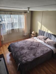 a bedroom with a large bed with a large window at Casa de alojados in Antofagasta
