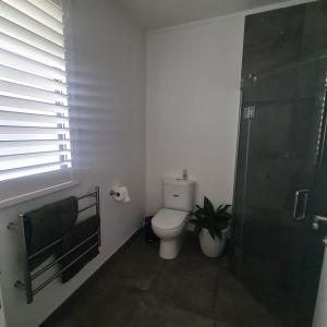 a bathroom with a toilet and a glass shower at Sandspit Hideaway in Sandspit