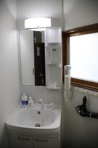 a bathroom with a white sink and a mirror at Goryokaku rental house SAKURA in Hakodate +24 photos