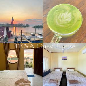a collage of photos of a hotel room with a cup of coffee at Tena Don Det Sunset Guest House in Don Det +47 photos
