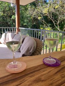 two glasses of white wine sitting on a wooden table at Forest Tangle Retreat, Two Bedroom in Diddillibah +7 photos