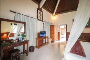 a room with a bedroom with a bed and a mirror at Villa JJ and Spa Ubud in Ubud
