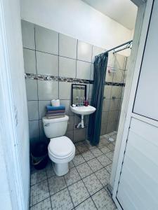 a bathroom with a toilet and a sink at Adonai in Rincon de Guayabitos