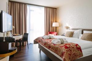 a hotel room with a bed and a desk and a television at Chester Hotel Heidelberg in Heidelberg