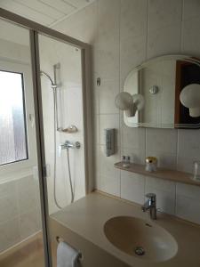 een badkamer met een wastafel en een douche met een spiegel bij Hotel Kaiserquelle in Salzgitter