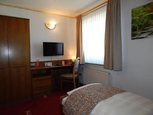 um quarto de hotel com uma cama, uma secretária e uma televisão em Hotel Kaiserquelle em Salzgitter