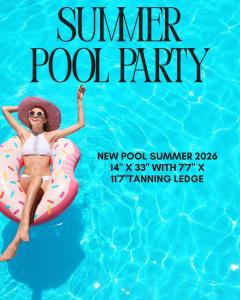 a flyer for a pool party with a woman floating on an inflatable at Baked Beach Bungalow in St. George Island