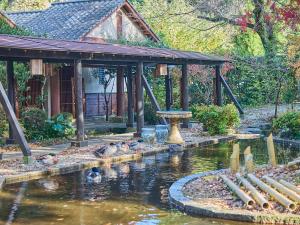 a pond in front of a house with ducks in it at Chikurakutei in Minami Aso