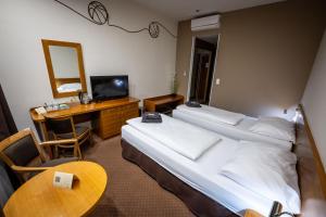 a hotel room with two beds and a desk and a television at Hotel Opava - free parking in Opava