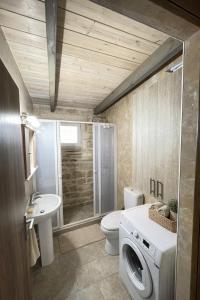a bathroom with a toilet a sink and a washing machine at Mersini Village in Milonianá