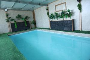 a swimming pool with blue water in a room with plants at נוף הכפר - 6 חדרי אירוח לזוגות ומשפחות עם ג'קוזי ובריכה מחוממת משותפים במתחם in Buq‘ātā