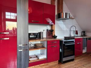 a kitchen with red cabinets and a stove at Stilvolle, ruhige Wald-FeWo - Kaminofen, Dachterrasse, hundefreundlich in Remscheid