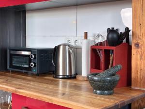 a kitchen with a counter with a microwave and a counter top at Stilvolle, ruhige Wald-FeWo - Kaminofen, Dachterrasse, hundefreundlich in Remscheid